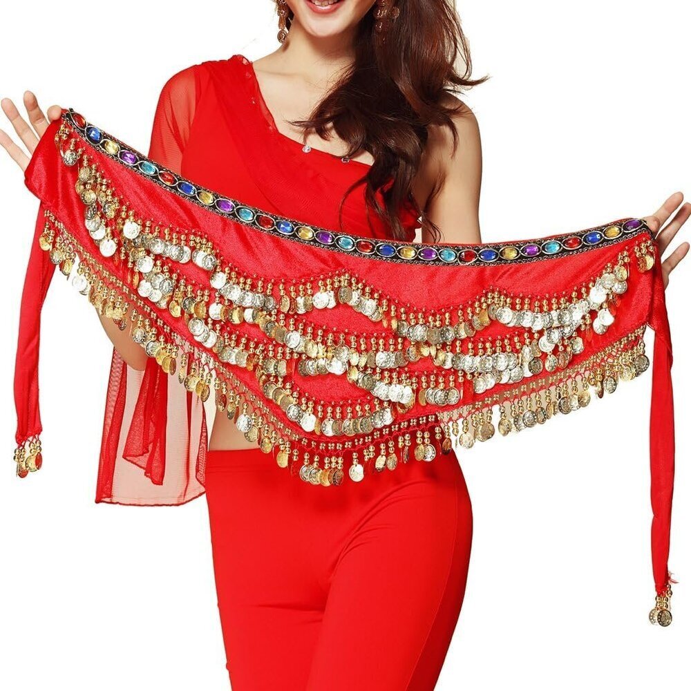 Women's Red Triangular Belly Dancing Hip Scarf Wrap Skirt with Gold Coins
